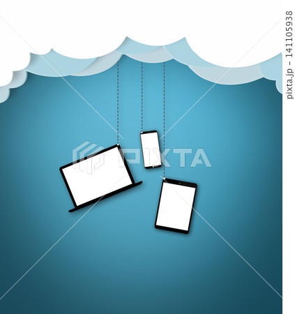 Technology, cloud computing and network for connection with device for data storage or database and software update. Mockup, gadget and communication with internet for virtual or digital display 141105938