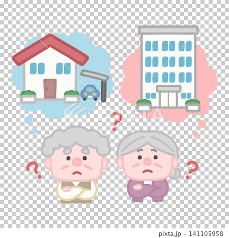 一對老年夫妻正在糾結要買獨棟住宅還是公寓。 141105958