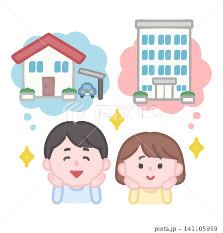 戸建てとマンションを比較している若い夫婦 戸建てとマンションを比較している若い夫婦 141105959