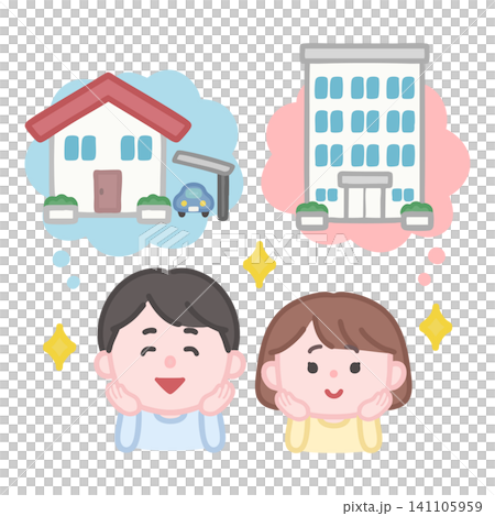 戸建てとマンションを比較している若い夫婦 戸建てとマンションを比較している若い夫婦 141105959