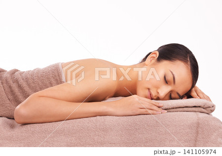 Spa, massage and peace with woman, wellness and person isolated on white studio background. Holiday, mockup space and model with vacation and calm with hospitality industry and zen with stress relief 141105974