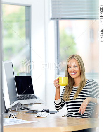 Portrait, business and woman with coffee, happy and professional with computer and relaxing. Face, PR consultant and entrepreneur with morning tea or pc with confidence and creative agency with smile Portrait, business and woman with coffee, happy and professional with computer and relaxing. Face, PR consultant and entrepreneur with morning tea or pc with confidence and creative agency with smile 141106003