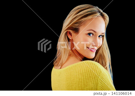 Fashion, mockup space or portrait of happy woman in studio isolated on black background for style. Smile, lady or face of confident model or natural female person with aesthetic or stylish clothes 141106014