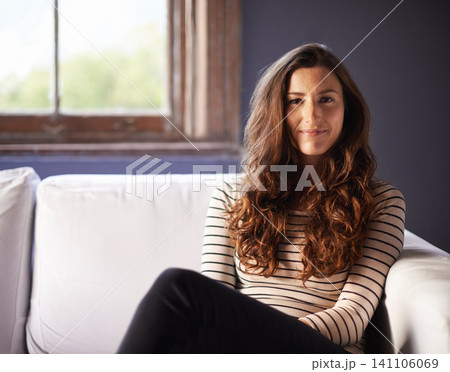 Woman, sofa and portrait at home relax with a calm smile on a break in a living room. Couch, lounge and happy female person with confidence and casual fashion and clothing in a new house or condo Woman, sofa and portrait at home relax with a calm smile on a break in a living room. Couch, lounge and happy female person with confidence and casual fashion and clothing in a new house or condo 141106069