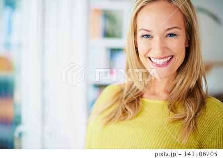 Woman, relax and smile portrait in happy home on holiday, comfort confident and female person with bright face. Chilling, cozy and comfortable on vacation, wellness and Canadian girl in Toronto 141106205