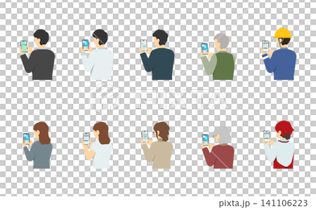平面插圖：一群人（上半身）正在智慧型手機上操作各種應用程式。 141106223