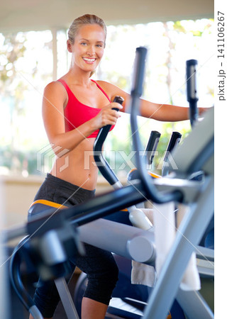 Woman, gym and workout for health, wellbeing and cardio training for walking exercise. Athlete, happiness and routine with commitment, confidence and natural strength for wellness or fitness portrait Woman, gym and workout for health, wellbeing and cardio training for walking exercise. Athlete, happiness and routine with commitment, confidence and natural strength for wellness or fitness portrait 141106267