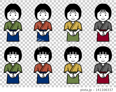 [不同顏色] 一位身穿日本傳統工作服（samue）和圍裙的女性圖標，雙手交疊於身前。 141106337