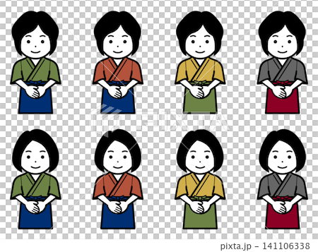 [Different hairstyle] [Different color] Icon of a woman wearing a samue (traditional Japanese work clothing) and apron with her hands clasped in front of her. 141106338