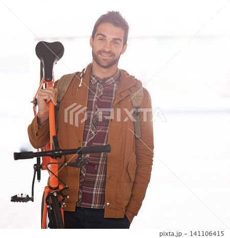 Man, portrait and bike for travel with transport, carbon footprint and sustainable commute for environment. Bicycle for eco friendly journey, cycling and happy with rider, workout and wellness Man, portrait and bike for travel with transport, carbon footprint and sustainable commute for environment. Bicycle for eco friendly journey, cycling and happy with rider, workout and wellness 141106415