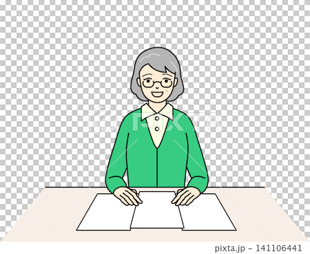 An illustration of a senior woman smiling with relief in front of documents on a table. An illustration of a senior woman smiling with relief in front of documents on a table. 141106441