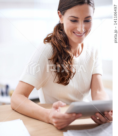 Woman, tablet or internet to relax on social network, blog or news website as break in remote work. Smile, female entrepreneur or tech to search, email or look at meme, gif or post online in home 141106497
