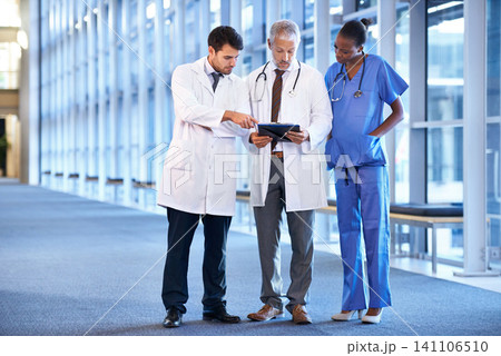 Doctors, medical and team in hospital with clipboard for results, discussion and health for nurse. Diverse people colleagues or medic for healthcare, expert and medicine for planning and research 141106510