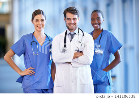 Portrait, leader and happy medical group in hospital for healthcare service in clinic. Confidence, doctor and face of diverse team of nurses in collaboration, cooperation or people with arms crossed 141106539