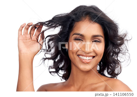 Hair, studio and portrait of indian woman with makeup with self care from cosmetics in white background. Beauty, skincare and happy model with healthy glow on skin or natural hairstyle mockup Hair, studio and portrait of indian woman with makeup with self care from cosmetics in white background. Beauty, skincare and happy model with healthy glow on skin or natural hairstyle mockup 141106550
