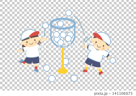 A boy and a girl from the White Team playing ball toss at the school sports day. A boy and a girl from the White Team playing ball toss at the school sports day. 141106873