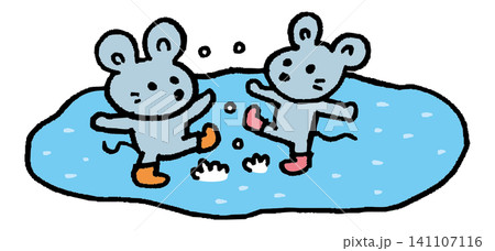 コミカルでかわいい水たまりで遊ぶ動物のキャラクター素材 141107116