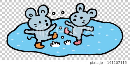 コミカルでかわいい水たまりで遊ぶ動物のキャラクター素材 141107116