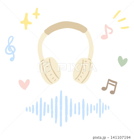 ワイヤレスヘッドホンと音波の音楽でリラックスする手描きイラスト ワイヤレスヘッドホンと音波の音楽でリラックスする手描きイラスト 141107194