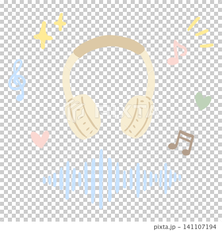 ワイヤレスヘッドホンと音波の音楽でリラックスする手描きイラスト ワイヤレスヘッドホンと音波の音楽でリラックスする手描きイラスト 141107194