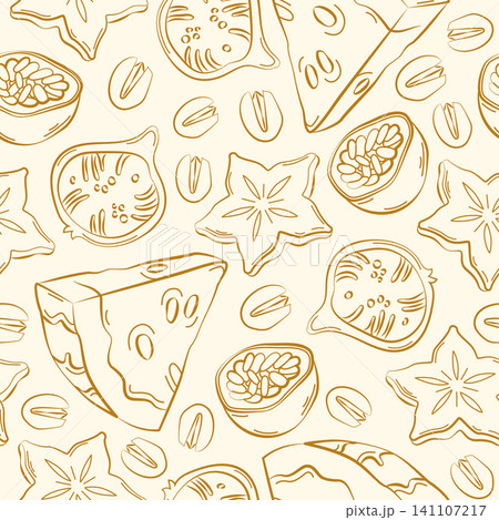 Hand-drawn seamless pattern made of tropical summer fruits, passion fruit, carambola, watermelon in line art style for packaging Hand-drawn seamless pattern made of tropical summer fruits, passion fruit, carambola, watermelon in line art style for packaging 141107217