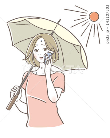 日傘をさして汗をかく女性 日傘をさして汗をかく女性 141107303