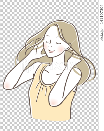 Woman brushing her hair with a smile Woman brushing her hair with a smile 141107304