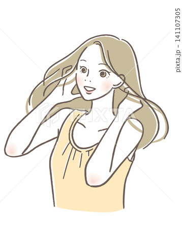 笑顔で髪をかきあげる女性 笑顔で髪をかきあげる女性 141107305