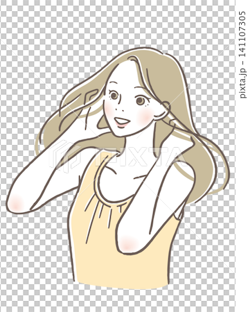 笑顔で髪をかきあげる女性 笑顔で髪をかきあげる女性 141107305