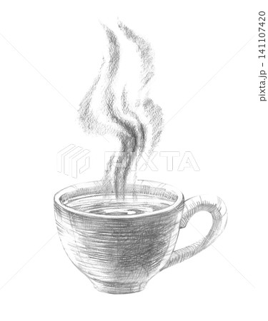 Pencil sketch hot teacup and steam. Hand-drawn monochrome cup with steam illustration on an isolated background. For cafe menus, tea packaging, and cozy morning breakfast designs. 141107420