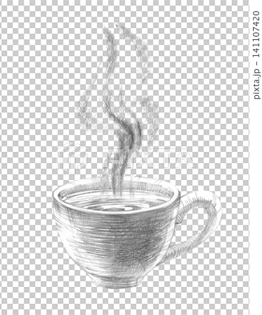 Pencil sketch hot teacup and steam. Hand-drawn monochrome cup with steam illustration on an isolated background. For cafe menus, tea packaging, and cozy morning breakfast designs. 141107420