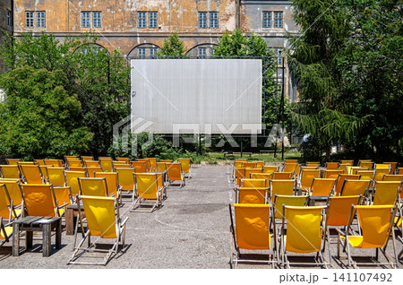 Outdoor movie setup with chairs in Prague, Czech Republic during a sunny day Outdoor movie setup with chairs in Prague, Czech Republic during a sunny day 141107492