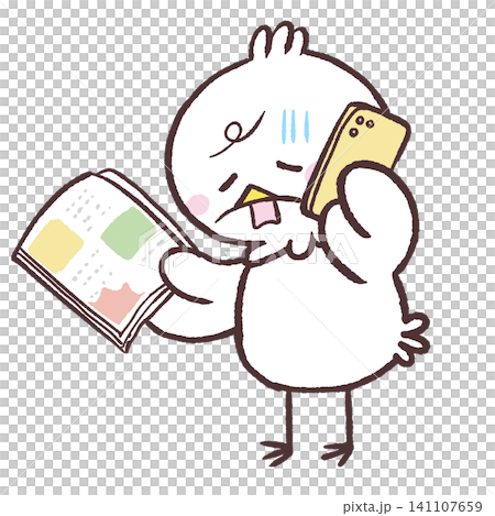 An illustration of a disappointed white bird holding a magazine and making a phone call. 141107659