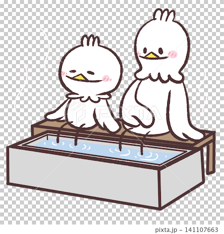Illustration of white birds soaking their feet in a footbath Illustration of white birds soaking their feet in a footbath 141107663
