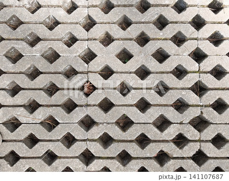 Concrete grass block paving texture with a dried pine cone. Concrete grass block paving texture with a dried pine cone. 141107687