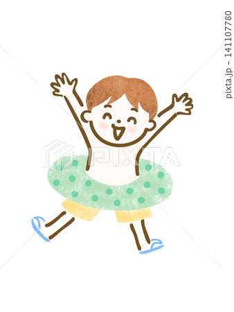 浮き輪をつけてバンザイしている男の子のイラスト 浮き輪をつけてバンザイしている男の子のイラスト 141107780