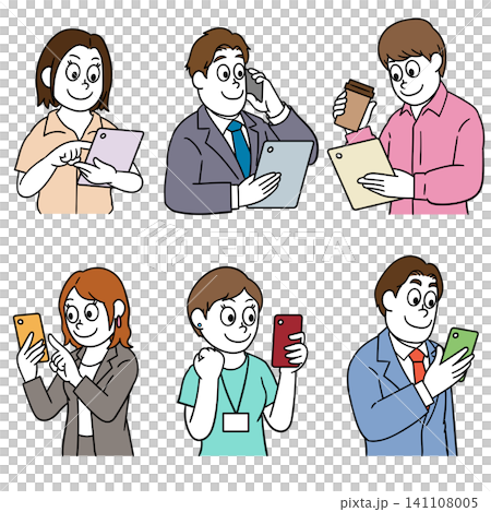Men and women operating smartphones and tablets; business professionals. Men and women operating smartphones and tablets; business professionals. 141108005