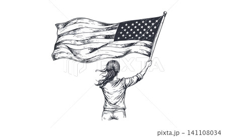 Woman holding waving american flag hand drawing Woman holding waving american flag hand drawing 141108034