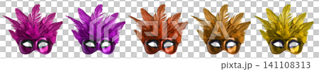 Set collection of colourful glitter shiny venetian carnival masquerade mask with feathers fur, purple, violet, orange, gold, yellow, bronze on transparent cutout PNG file. Mockup template Set collection of colourful glitter shiny venetian carnival masquerade mask with feathers fur, purple, violet, orange, gold, yellow, bronze on transparent cutout PNG file. Mockup template 141108313