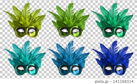Set collection of colourful glitter shiny venetian carnival masquerade mask with feathers fur, turquoise, blue, green, lime on transparent cutout PNG file. Mockup template for artwork Set collection of colourful glitter shiny venetian carnival masquerade mask with feathers fur, turquoise, blue, green, lime on transparent cutout PNG file. Mockup template for artwork 141108314