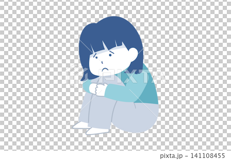 A woman and a student sitting with their knees hugged to their chests, looking dejected. 141108455