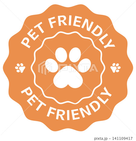 Flat badge illustration of a pet friendly seal depicting a paw print emblem with decorative scalloped border for animal welcoming signage Flat badge illustration of a pet friendly seal depicting a paw print emblem with decorative scalloped border for animal welcoming signage 141109417