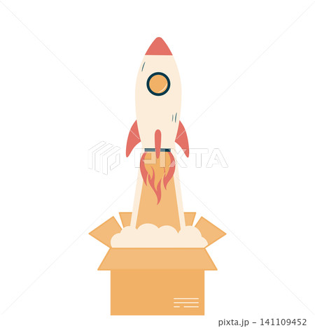 Flat illustration of a rocket launching out of a cardboard box depicting startup and innovation concept for business design Flat illustration of a rocket launching out of a cardboard box depicting startup and innovation concept for business design 141109452