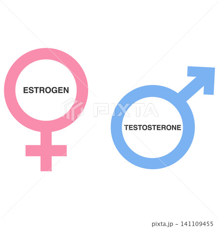 Flat illustration of estrogen and testosterone gender symbols depicting hormones for medical and biology design 141109455