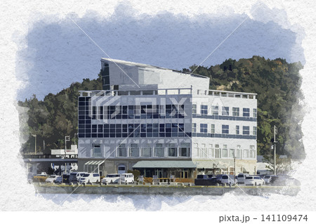 水彩画風 宇野港 玉野産業振興ビル 岡山県玉野市 水彩画風 宇野港 玉野産業振興ビル 岡山県玉野市 141109474