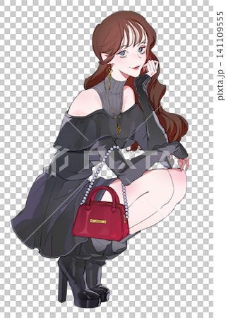An illustration of a woman in a crouching position, resting her chin on her hand and smiling. Winter. An illustration of a woman in a crouching position, resting her chin on her hand and smiling. Winter. 141109555
