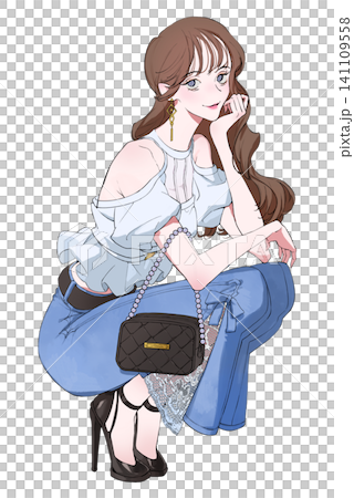 An illustration of a woman in a crouching position, resting her chin on her hand and smiling. Summer. An illustration of a woman in a crouching position, resting her chin on her hand and smiling. Summer. 141109558
