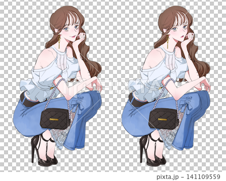 Illustration of a woman in a crouching pose with her chin resting on her hand; set of facial expression variations; Summer. Illustration of a woman in a crouching pose with her chin resting on her hand; set of facial expression variations; Summer. 141109559