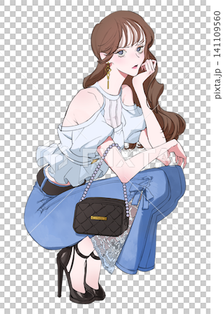 一幅插圖，描繪了一位面露不悅的女子蹲著，下巴託在手上。 （夏季） 141109560