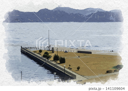水彩画風 宇野港 宇野港第1突堤緑地 岡山県玉野市 水彩画風 宇野港 宇野港第1突堤緑地 岡山県玉野市 141109604